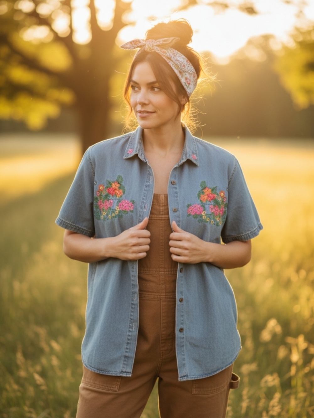 Vintage Denim Short-Sleeve Shirt with Floral Embroidery 100% Cotton